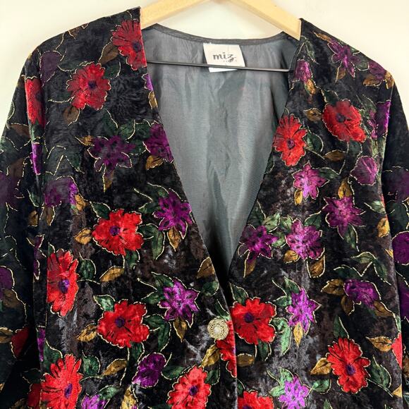 Vtg Miz Jacket Women's Large Multi Floral Velvet One Button Front Maximalist - Picture 3 of 9